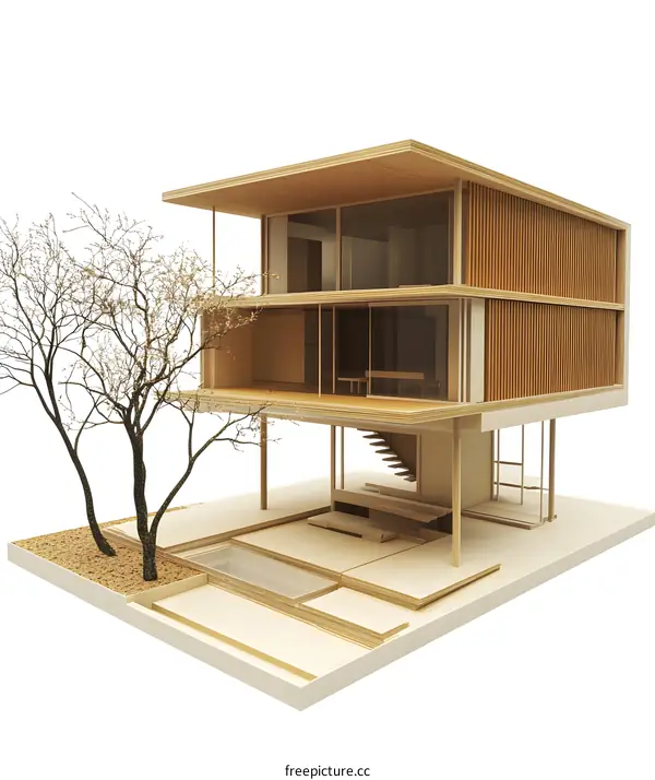Modern Minimalist Wooden House Model with Trees
