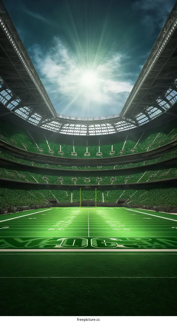 American football stadium with green seats under bright sunlight