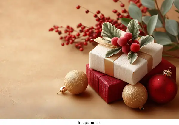 Christmas Gifts and Decorations on a Beige Surface
