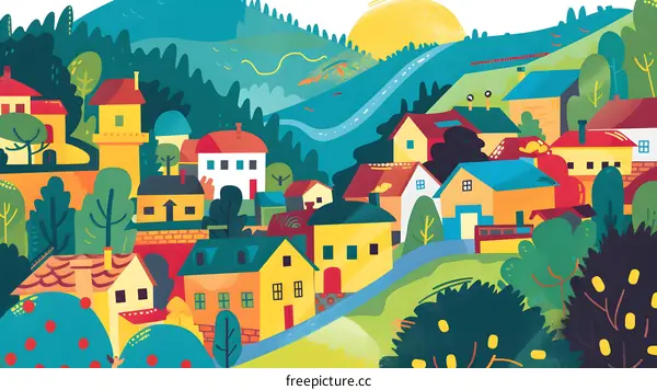 Colorful Illustration of a Small Town with Houses and Trees