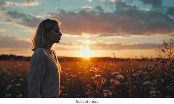 Sunset Serenity in a Golden Field with a Woman