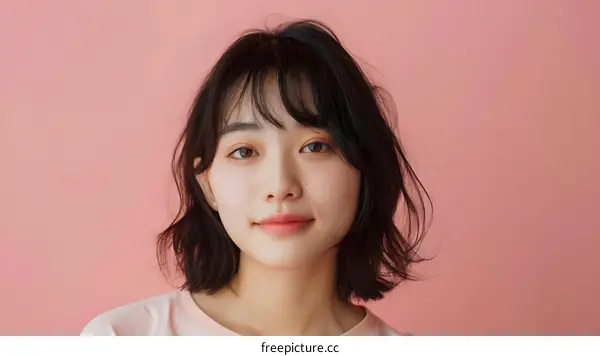 Portrait of Asian Woman with Short Hair Against Pink Background