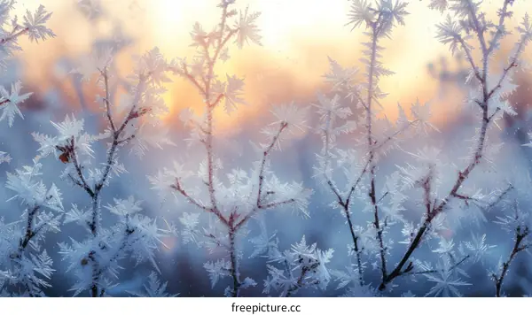 Close-up of frost and ice crystals on a window pane with a warm sunrise in the background