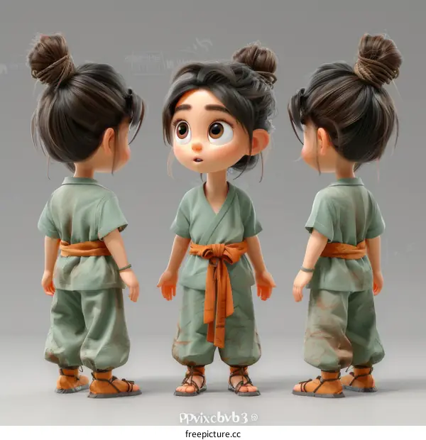 Cute Cartoon Girl with Brown Hair in Green Outfit