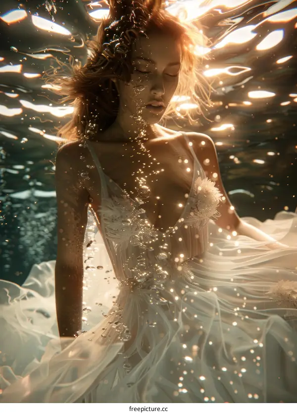 An ethereal underwater portrait of a woman in a white dress