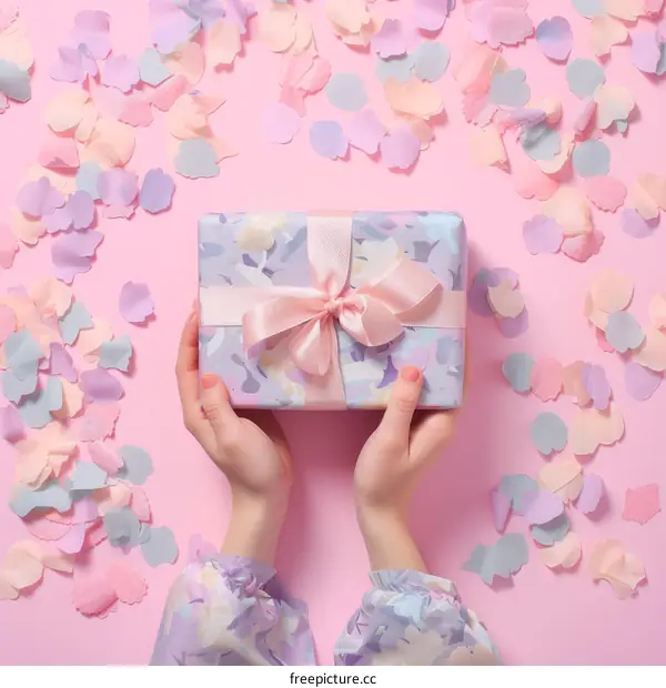 A woman holding a beautifully wrapped present with a pink ribbon