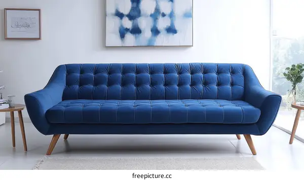 Modern Blue Velvet Sofa in a Stylish Living Room