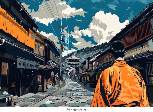 Japanese Street Scene with Man in Kimono Walking Away from the Camera