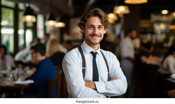 Portrait of a young male waiter smiling at the camera