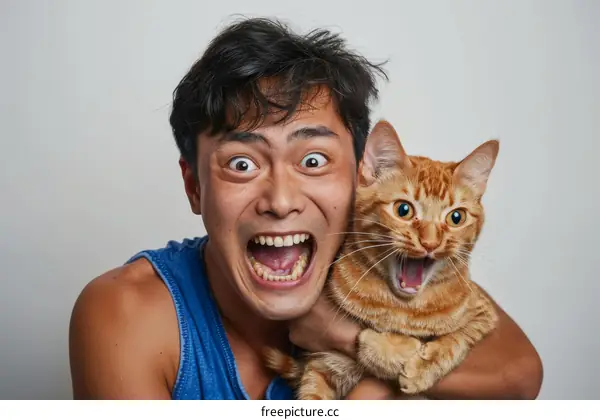 A man and his cat are both making surprised expressions