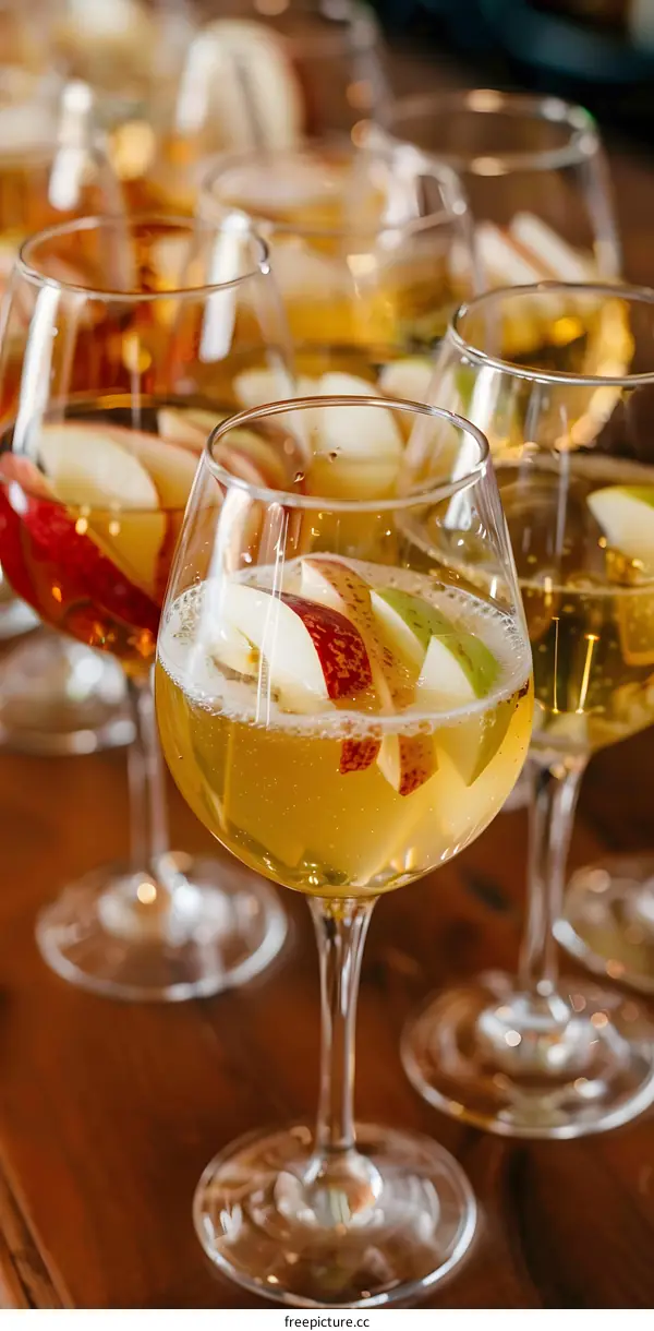 Close Up of Glasses of Sparkling Apple Cider with Slices of Apple and Pear