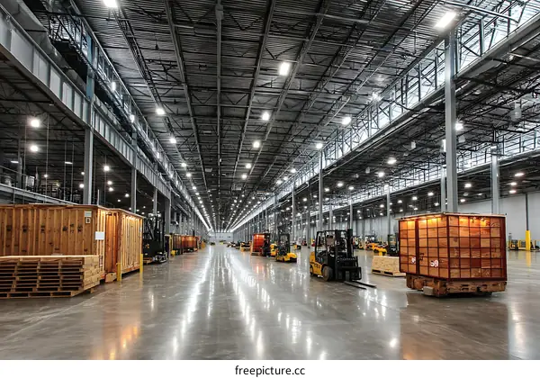 Large Industrial Warehouse with Forklifts and Cargo Containers