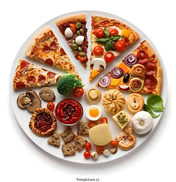 Pizza Slices with Various Toppings and Sides