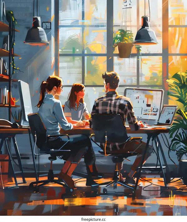 Three people in a room with a large window