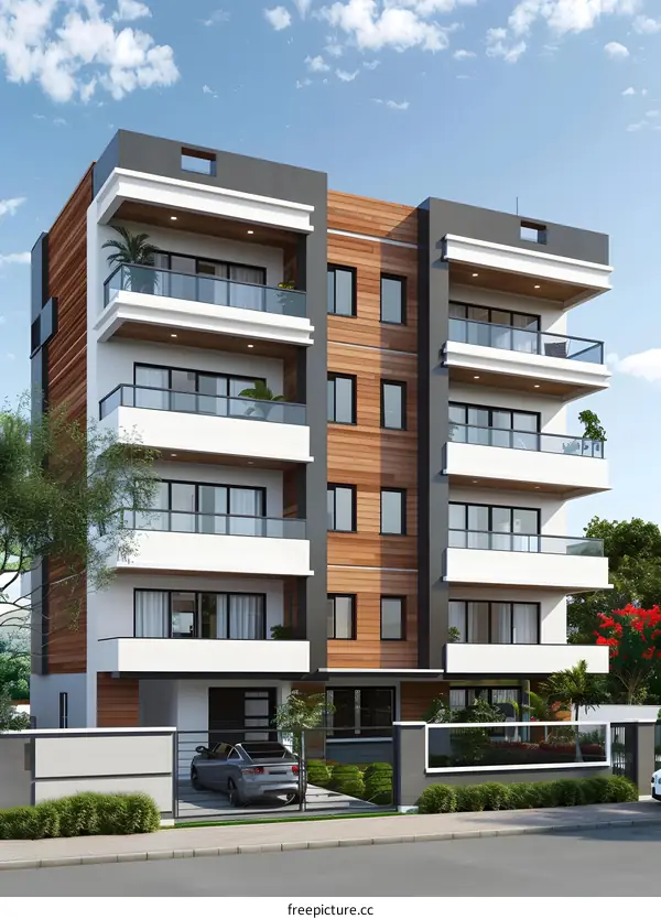 Modern Residential Building With Wooden Siding And Balconies