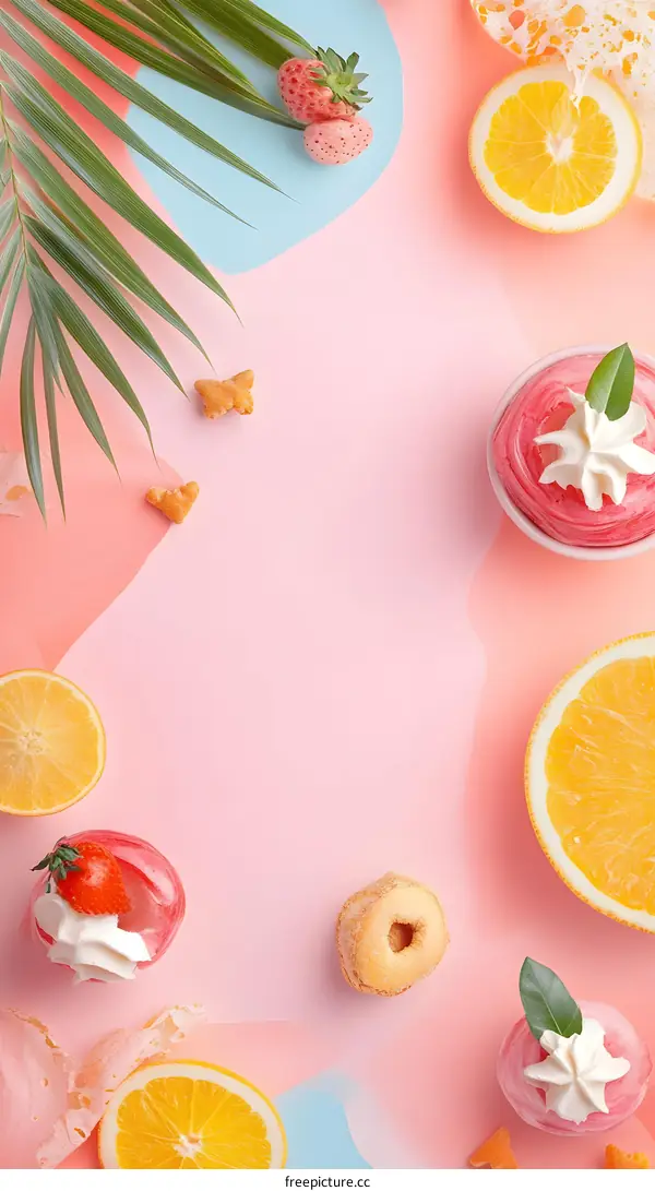 Pink Background with Summer Food and Fruit