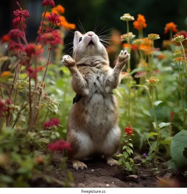 A cute bunny standing on its hind legs in a garden full of flowers