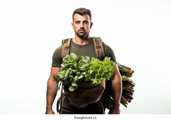 Young male farmer carrying a large backpack full of fresh vegetables