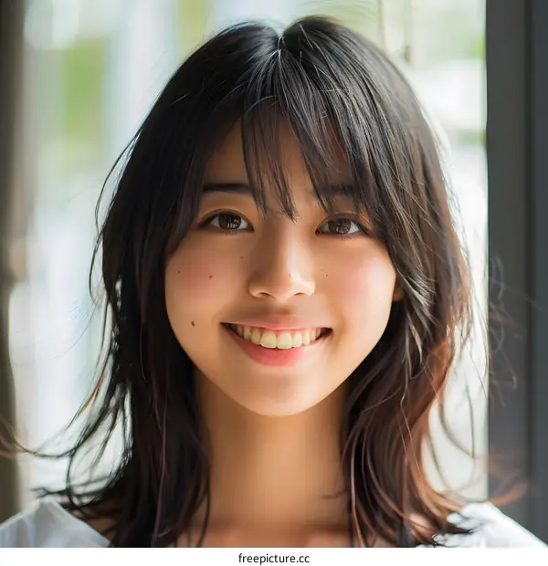 Smiling Asian Woman with Long Brown Hair