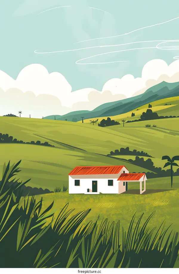 Green Hills Landscape With White House Illustration