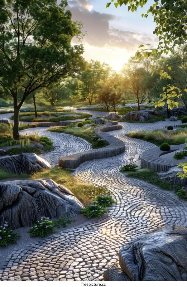 Serene Garden Path Illustration with Stonework and Trees