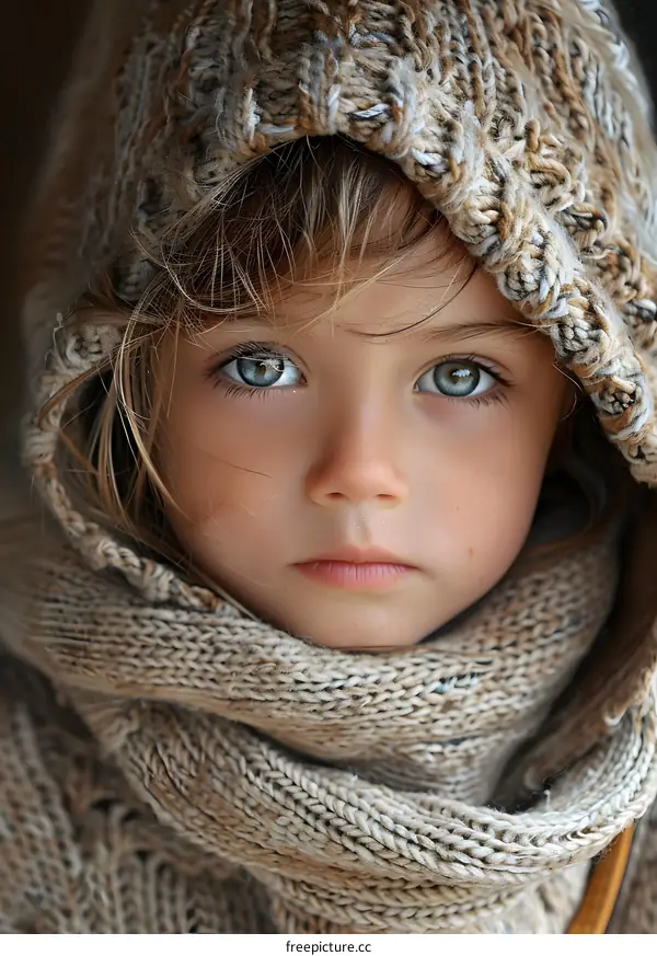 Little girl with green eyes wearing a brown scarf and hat
