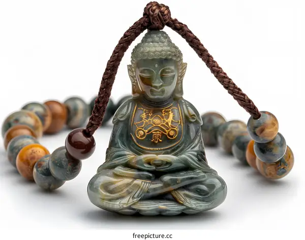 Jade Buddha Pendant with Brown Cord and Beads