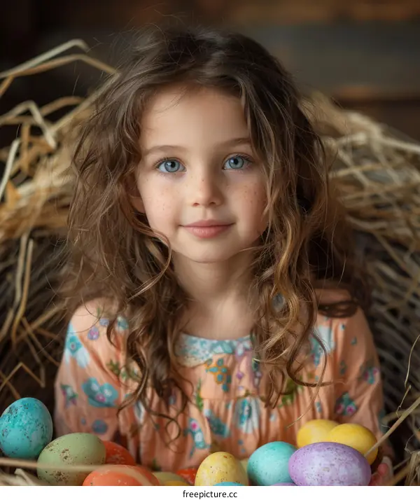 Portrait of a cute little girl with curly hair sitting in a basket full of colorful Easter eggs