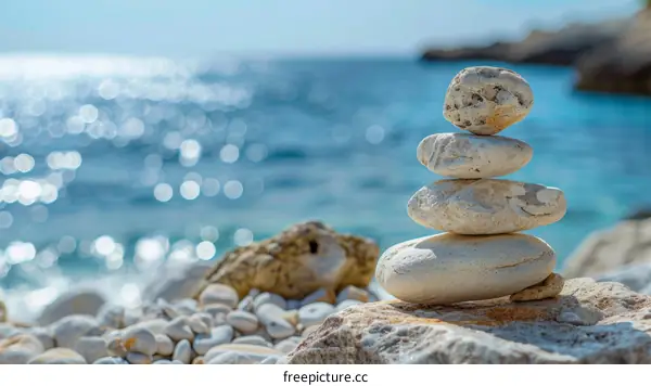 Zen Pebbles Stacked on a Rock with Sea in the Background