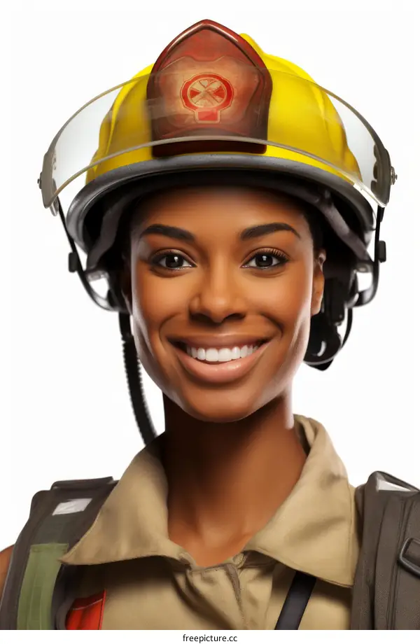 Portrait of a smiling young African-American female firefighter wearing a yellow helmet