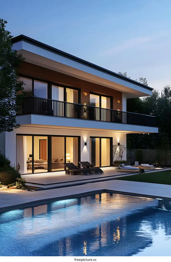 Modern House with Swimming Pool at Dusk