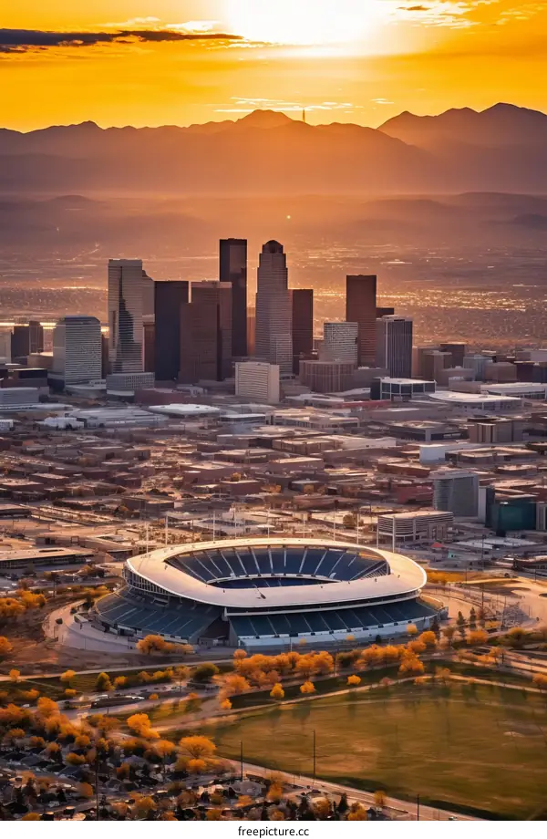 Aerial view of Empower Field at Mile High stadium in Denver, Colorado, USA