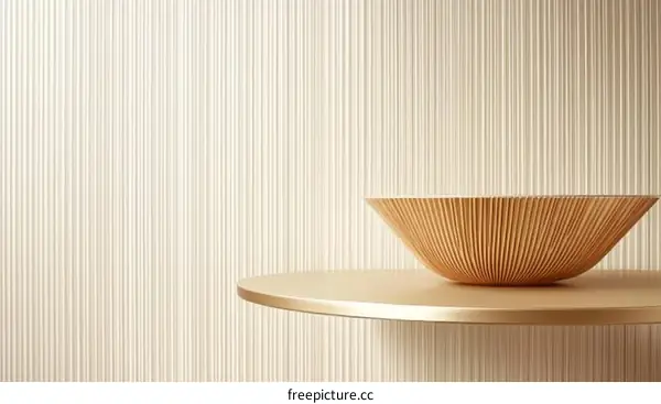 Modern Wooden Bowl on a Gold Shelf Against a Striped Wall