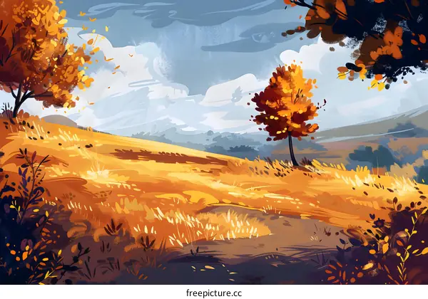 Autumn Landscape with Golden Trees and Grass