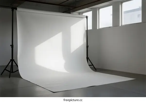 Empty photography studio with white backdrop and natural light