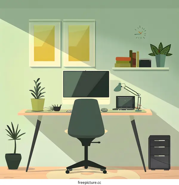 Minimalist Home Office Workspace with Desk, Computer, and Plants