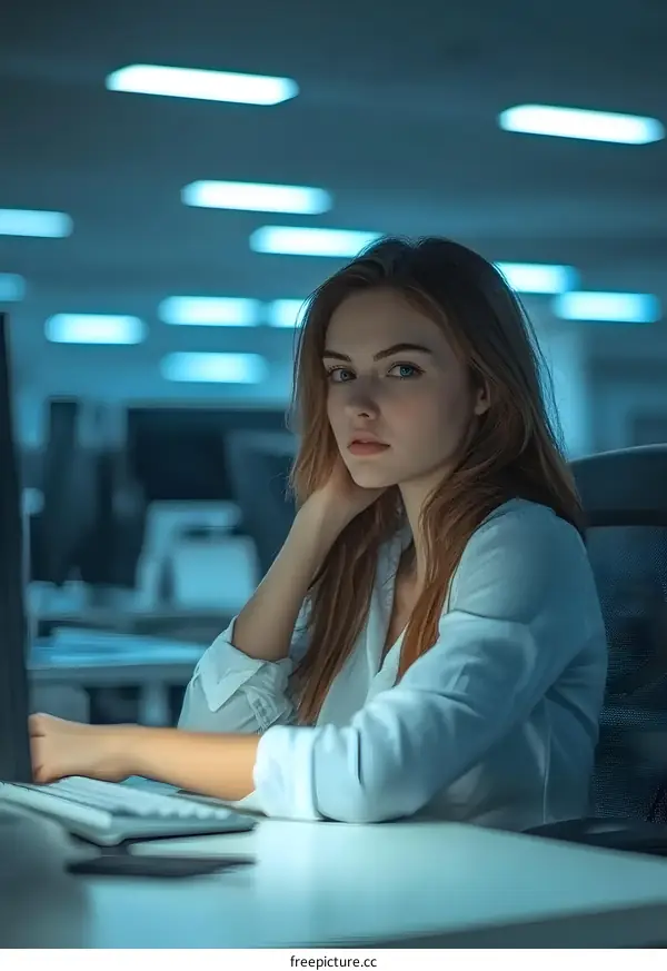 Young Woman Working Late at Night in an Office