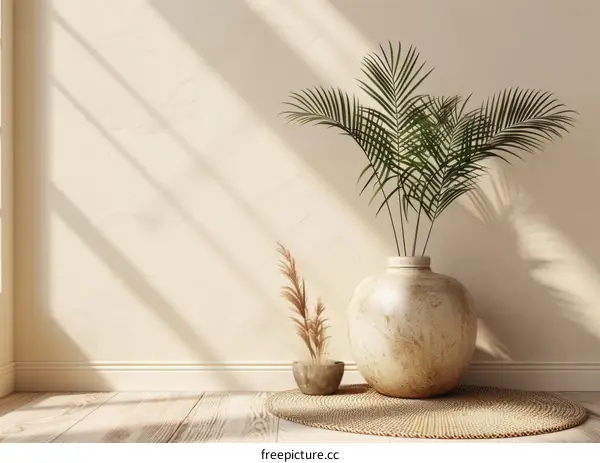 Large clay vase with an indoor plant in a sunny room