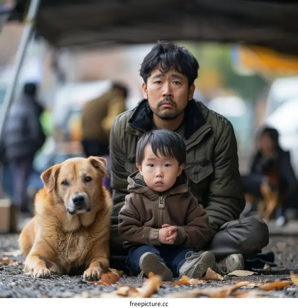 Asian father and son with their dog