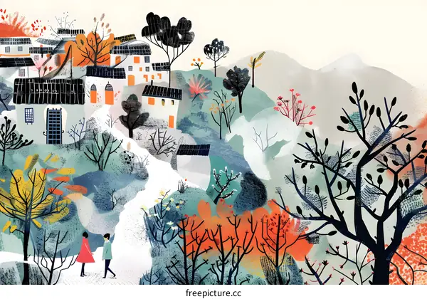 Couple Walking Through a Quaint Chinese Village Landscape Illustration