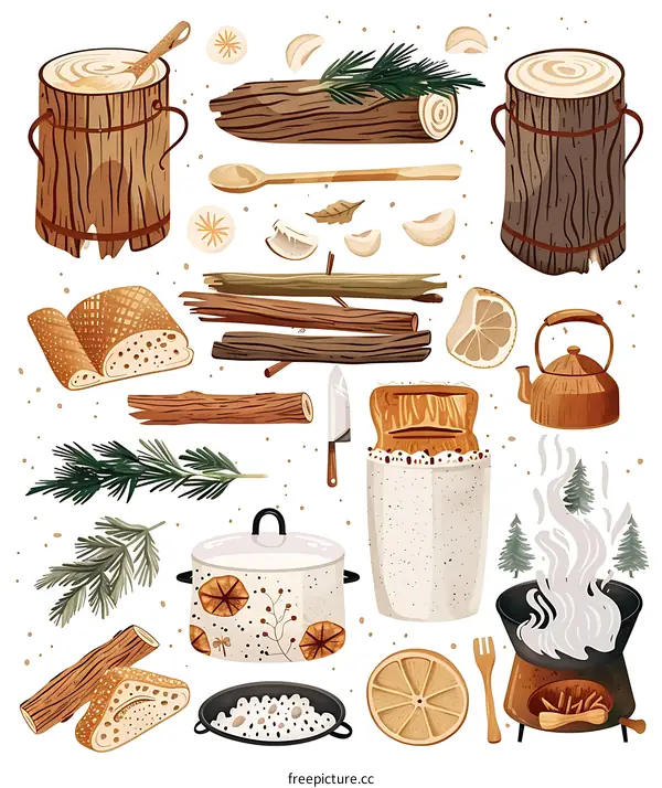 Campfire Cooking Illustration with Wood and Food