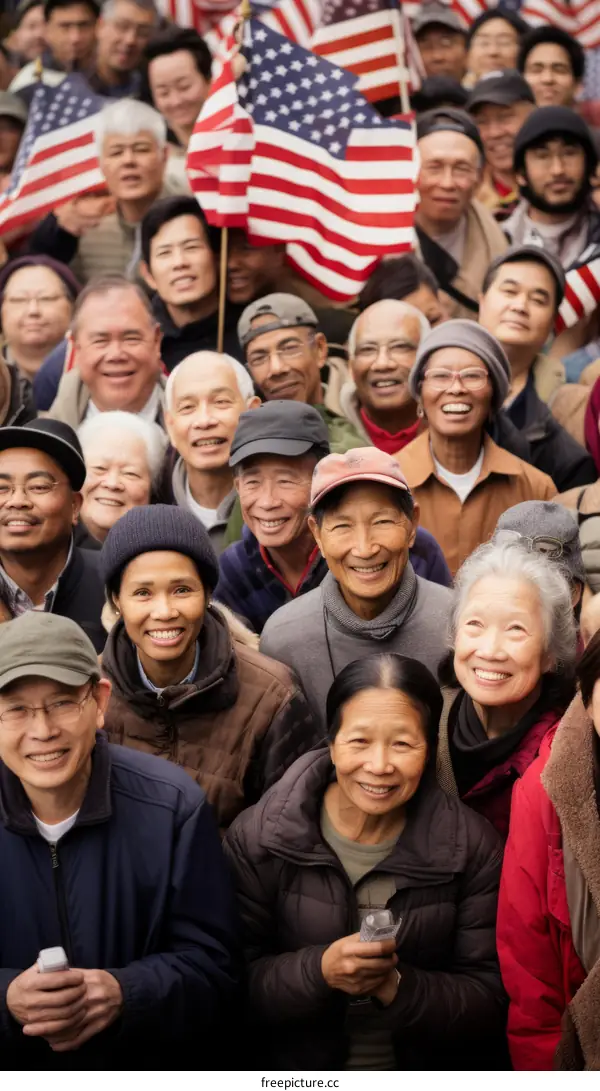 A group of people of Asian descent are holding American flags.