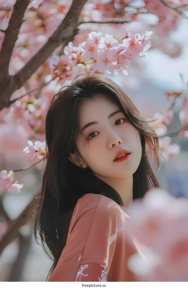 Beautiful Asian Woman with Cherry Blossoms in Hair