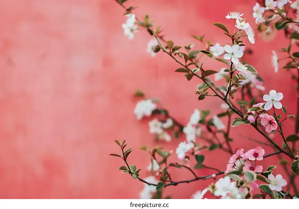 White and Pink Flowers Blooming on a Branch Against a Red Background