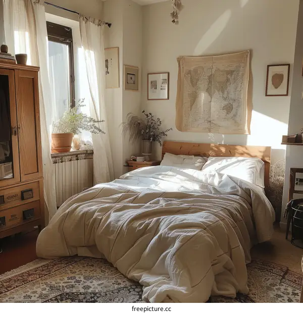 Cozy Bedroom with Large Bed, World Map, and Wooden Cabinet