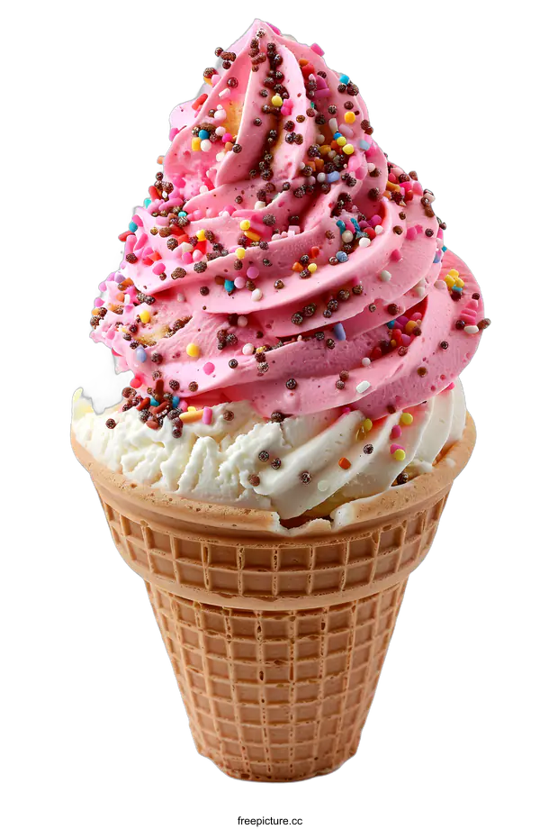 [Transparent Background PNG]Strawberry Ice Cream Cone with Sprinkles