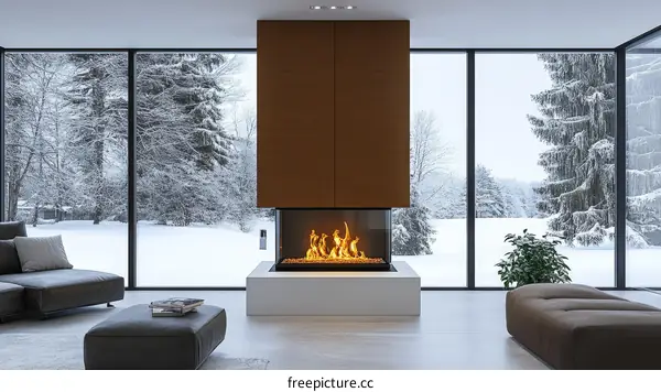 Modern Living Room with Snowy Landscape View and Fireplace