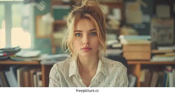 portrait of a beautiful young woman with blonde hair and blue eyes