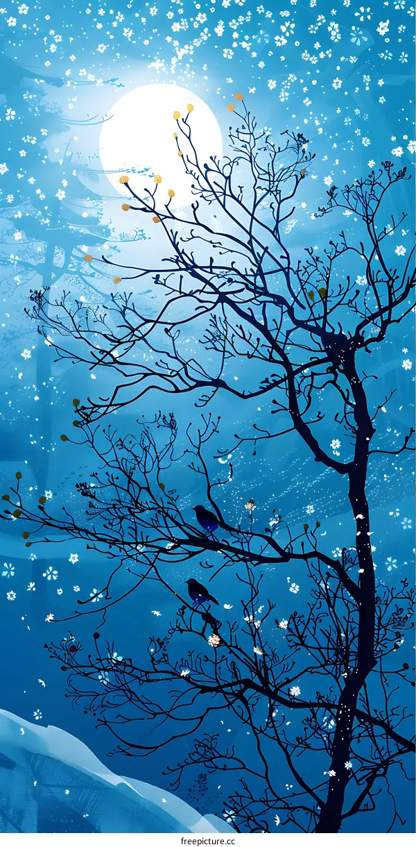 Blue Sky with White Flowers and Birds on a Branch