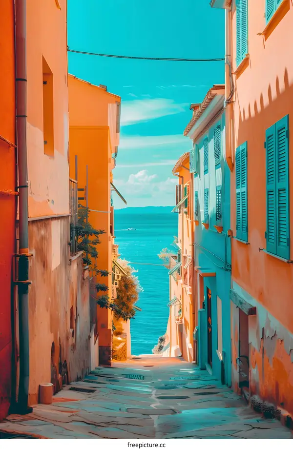 Narrow Street View With Bright Blue Ocean in the Background
